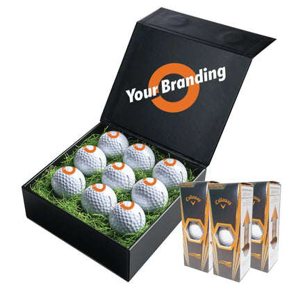 Personalised 9 Golf Ball Gift Set with Custom Branded Box | Corporate Golf Day & Company Logo Gifts