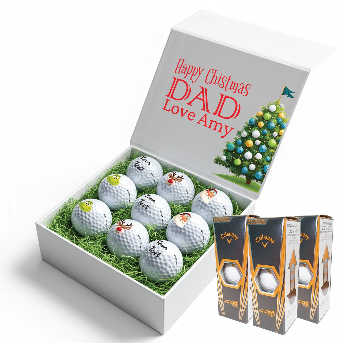 Christmas Personalised Branded 9 Golf Ball Set in Customised Box - Themed Golfer's Gift, Father's Day, Retirement, Birthday