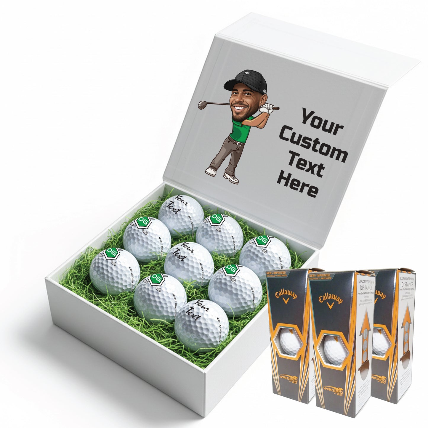 Personalised 9 Golf Ball Set in Customised Box - Your Own Caricature with Branded Balls: Novelty Golfer's Gift, Father's Day, Birthday