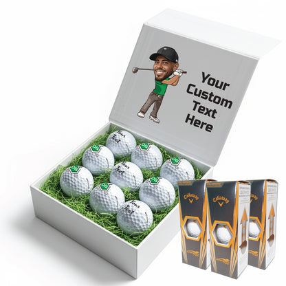 Personalised 9 Golf Ball Set in Customised Box - Your Own Caricature with Branded Balls: Novelty Golfer's Gift, Father's Day, Birthday