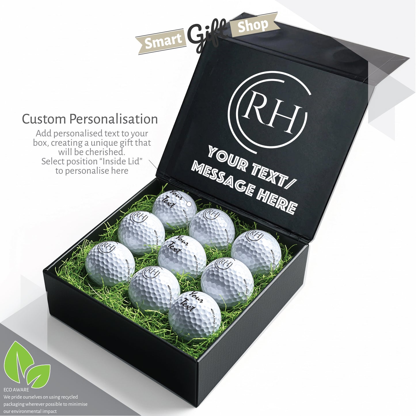 Personalised 9 Golf Ball Set in Customised Box - Your Own Monograms Initials with Branded Balls: Novelty Golfer's Gift, Father's Day, Birthday