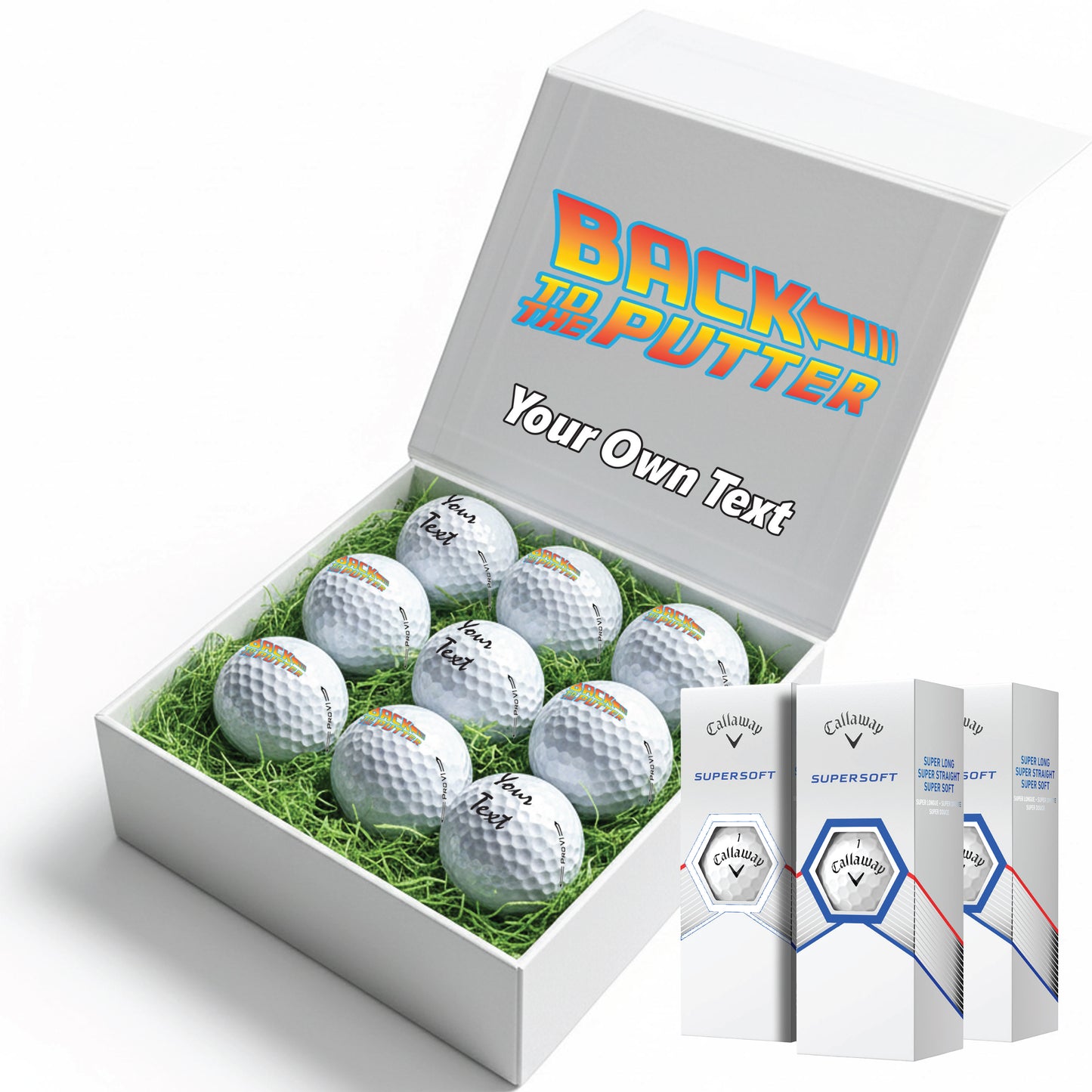 BACK TO THE PUTTER!: Personalised Branded 9 Golf Ball Set in Customised Box - Back to the Future Novelty Movie Terminator Themed Golfer's Gift, Father's Day, Retirement, Birthday