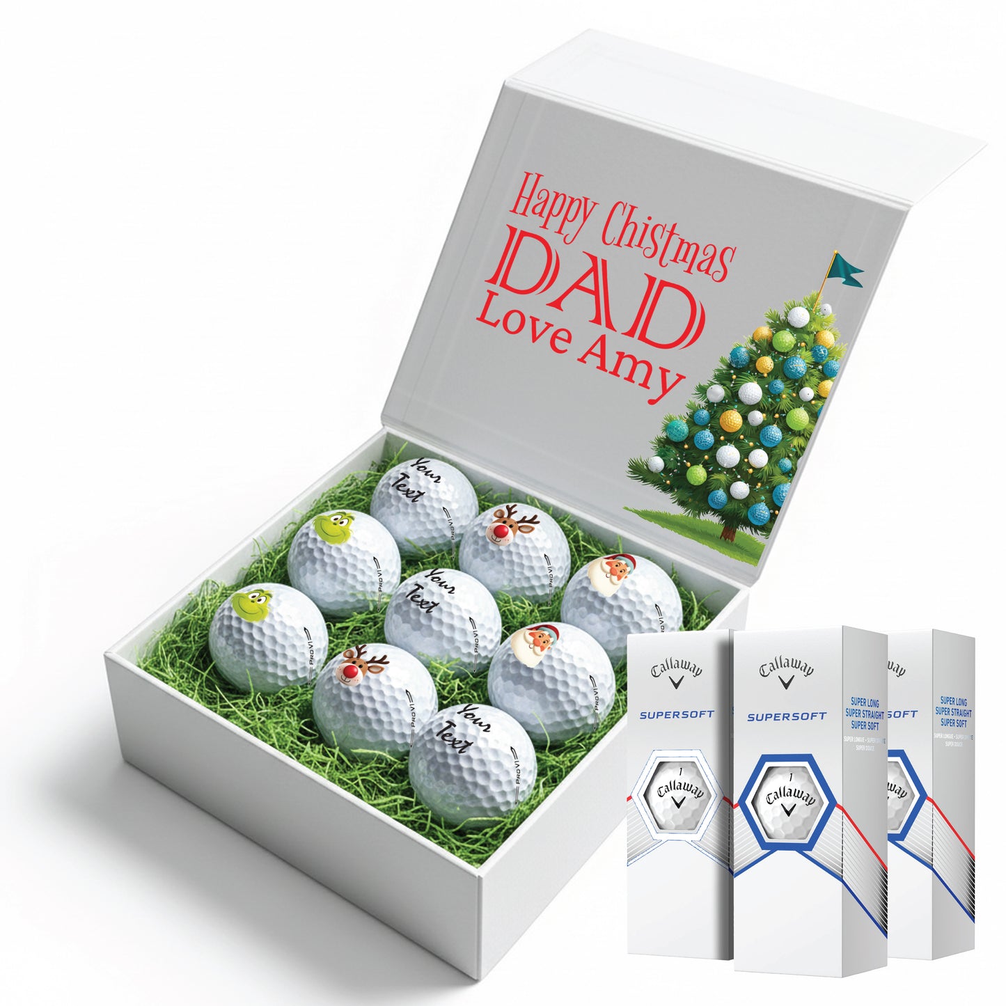 Christmas Personalised Branded 9 Golf Ball Set in Customised Box - Themed Golfer's Gift, Father's Day, Retirement, Birthday