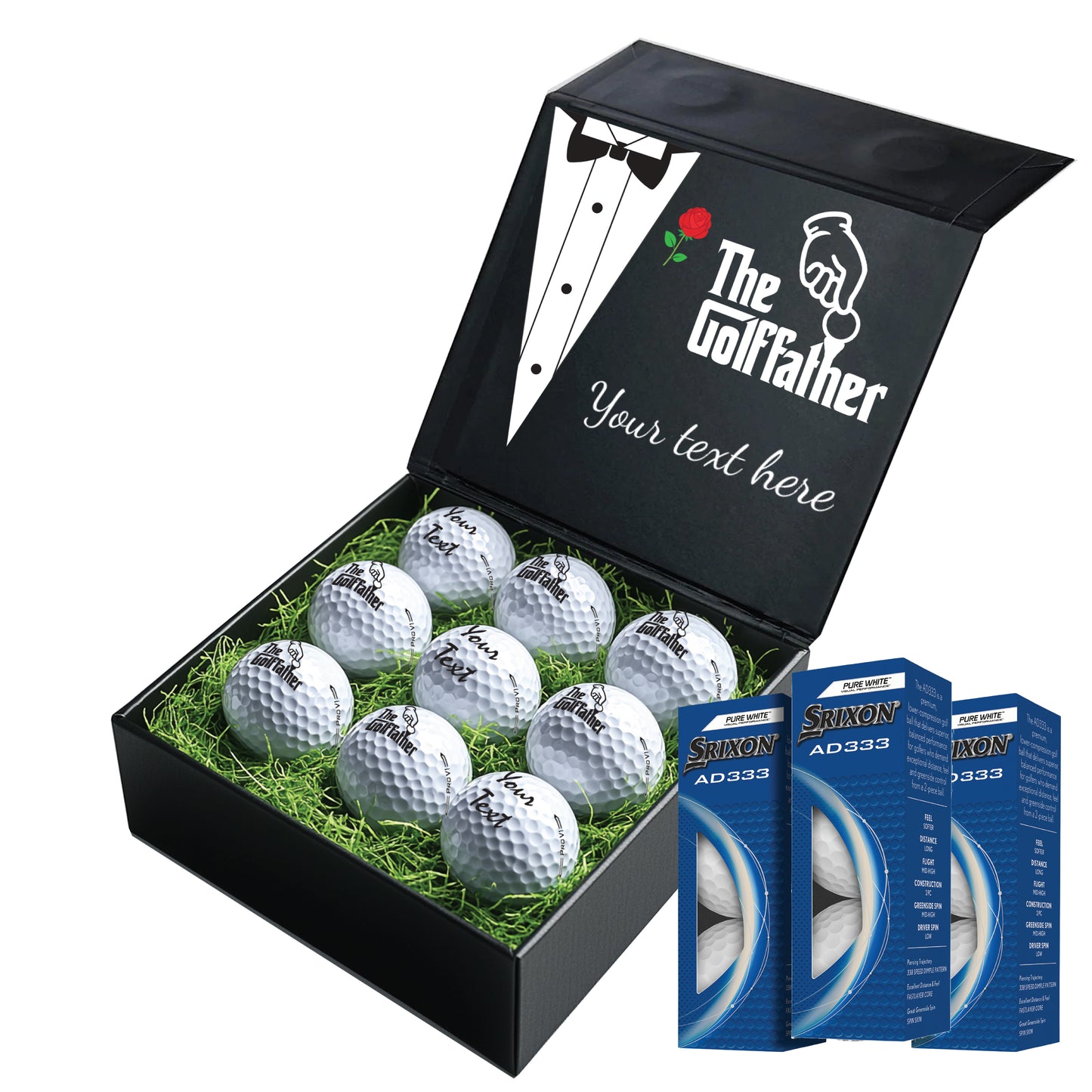 The Godfather Themed: Personalised Branded 9 Golf Ball Set in Customised Box - Golf Father Golfer's Gift, Father's Day, Wedding Favour, Birthday