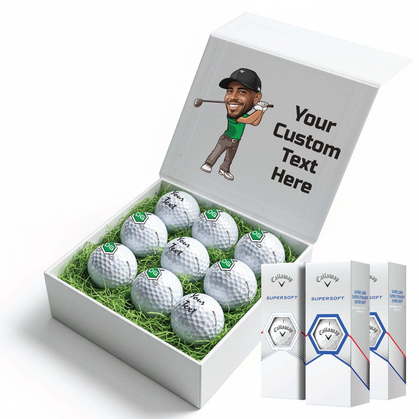 Personalised 9 Golf Ball Set in Customised Box - Your Own Caricature with Branded Balls: Novelty Golfer's Gift, Father's Day, Birthday