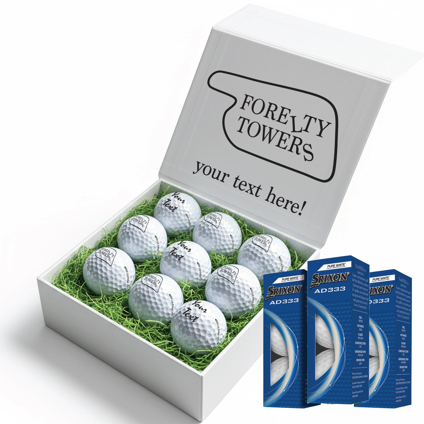Forelty Towers Themed: Personalised Branded 9 Golf Ball Set in Customised Box - Golfer's Gift, Father's Day, Wedding Favour, Birthday, Fawlty Towers