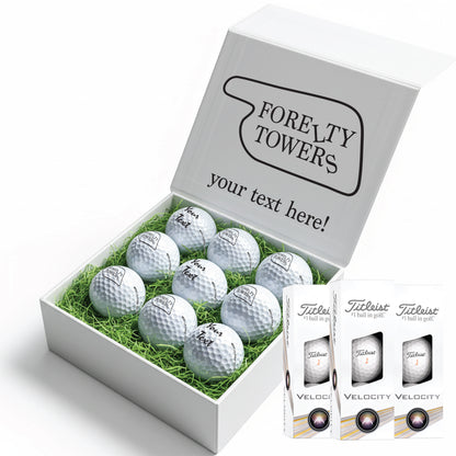 Forelty Towers Themed: Personalised Branded 9 Golf Ball Set in Customised Box - Golfer's Gift, Father's Day, Wedding Favour, Birthday, Fawlty Towers