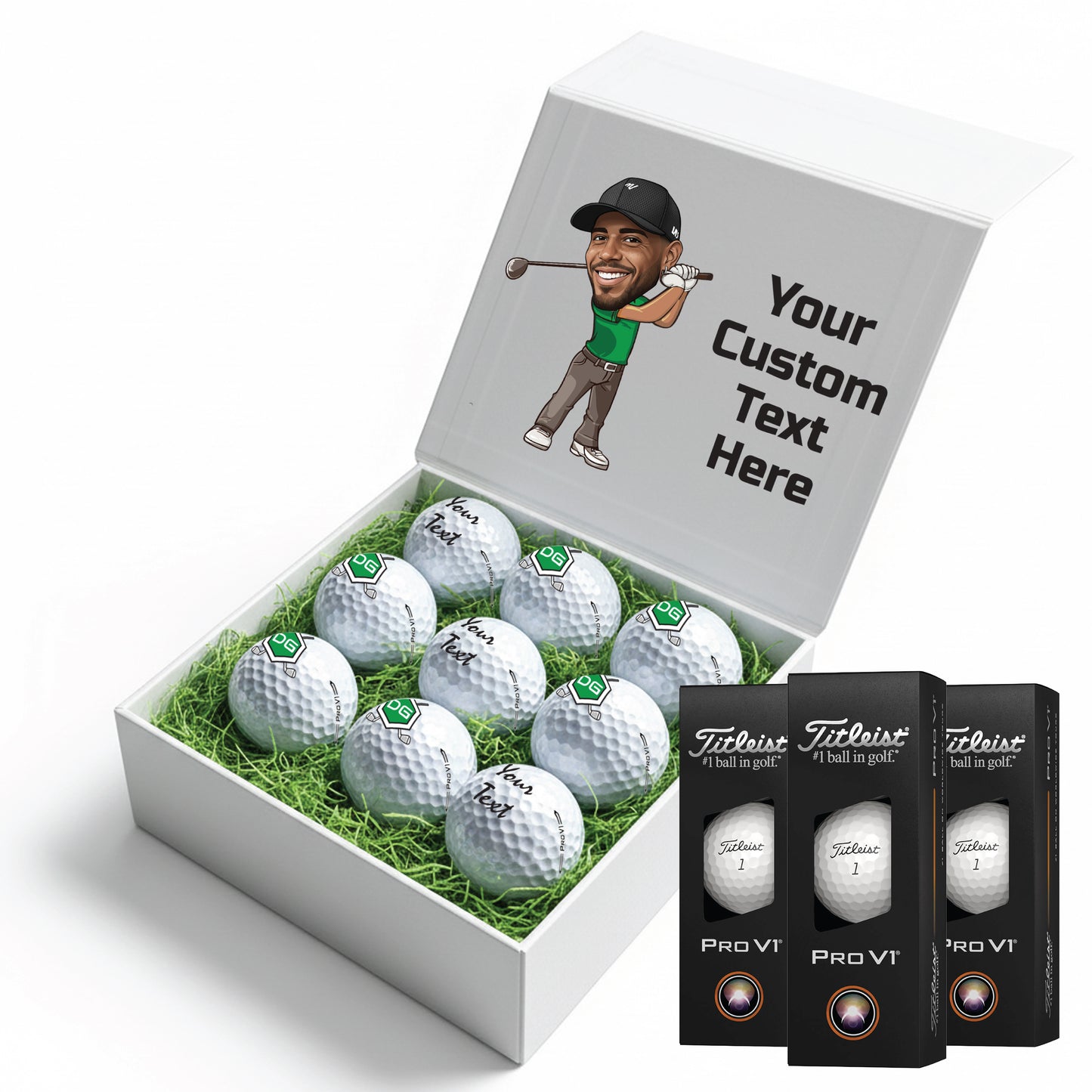 Personalised 9 Golf Ball Set in Customised Box - Your Own Caricature with Branded Balls: Novelty Golfer's Gift, Father's Day, Birthday