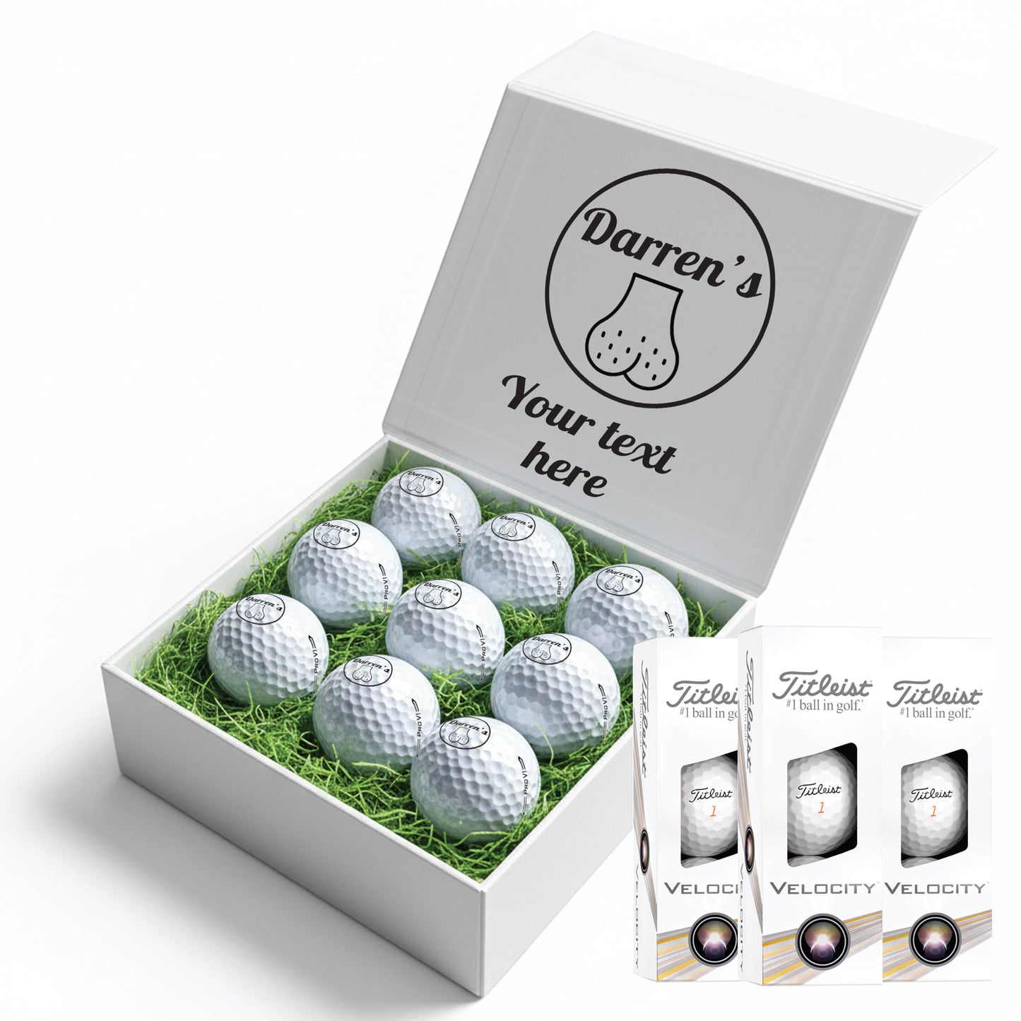 Personalised 9 Golf Ball Set in Customised Box - Joke Novelty "Custom Name's Balls!" with Branded Balls: Novelty Golfer's Gift, Father's Day, Birthday