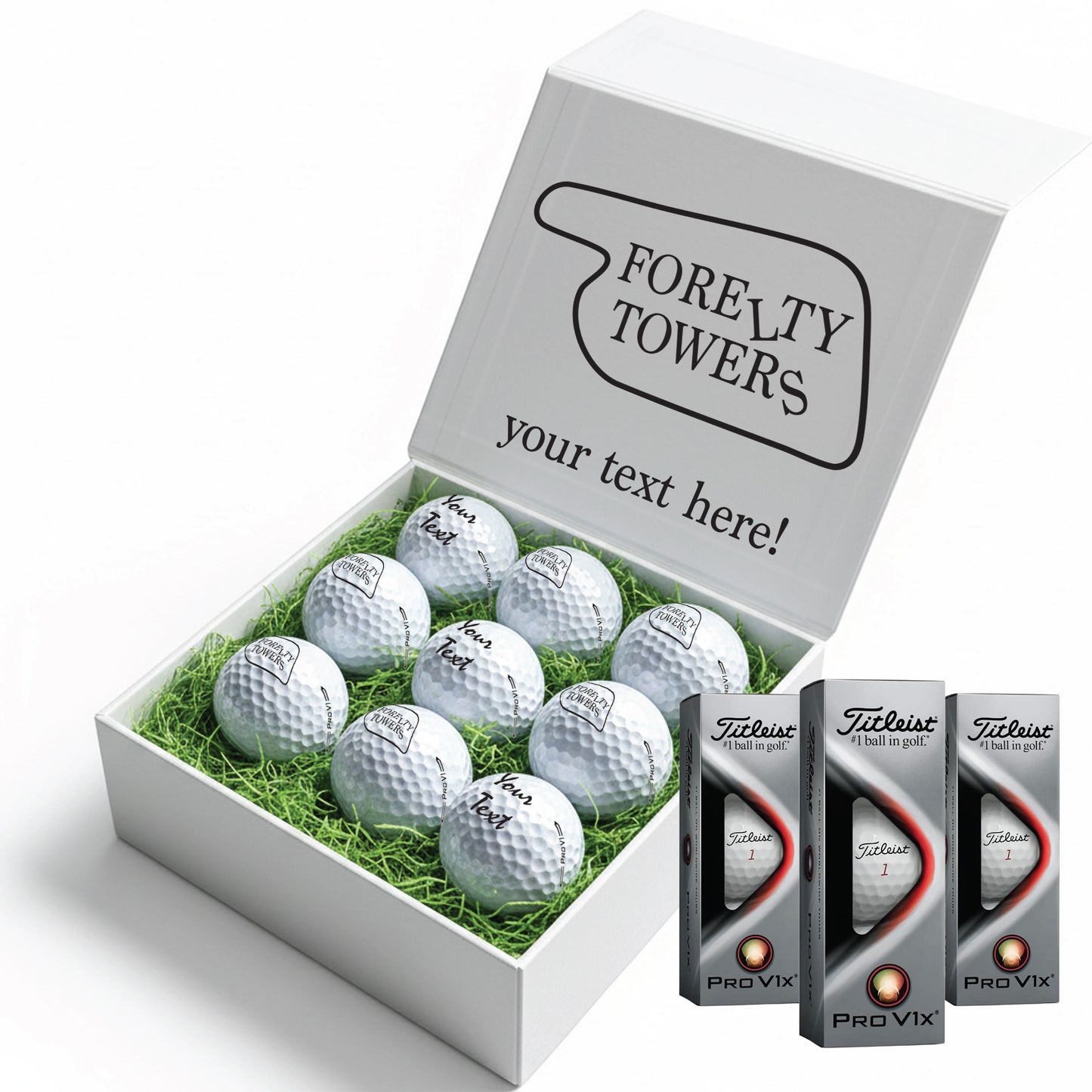 Forelty Towers Themed: Personalised Branded 9 Golf Ball Set in Customised Box - Golfer's Gift, Father's Day, Wedding Favour, Birthday, Fawlty Towers