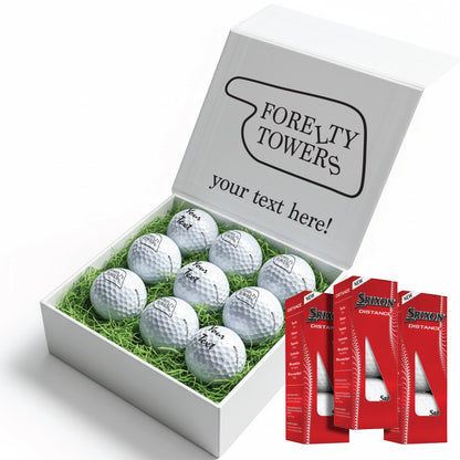 Forelty Towers Themed: Personalised Branded 9 Golf Ball Set in Customised Box - Golfer's Gift, Father's Day, Wedding Favour, Birthday, Fawlty Towers