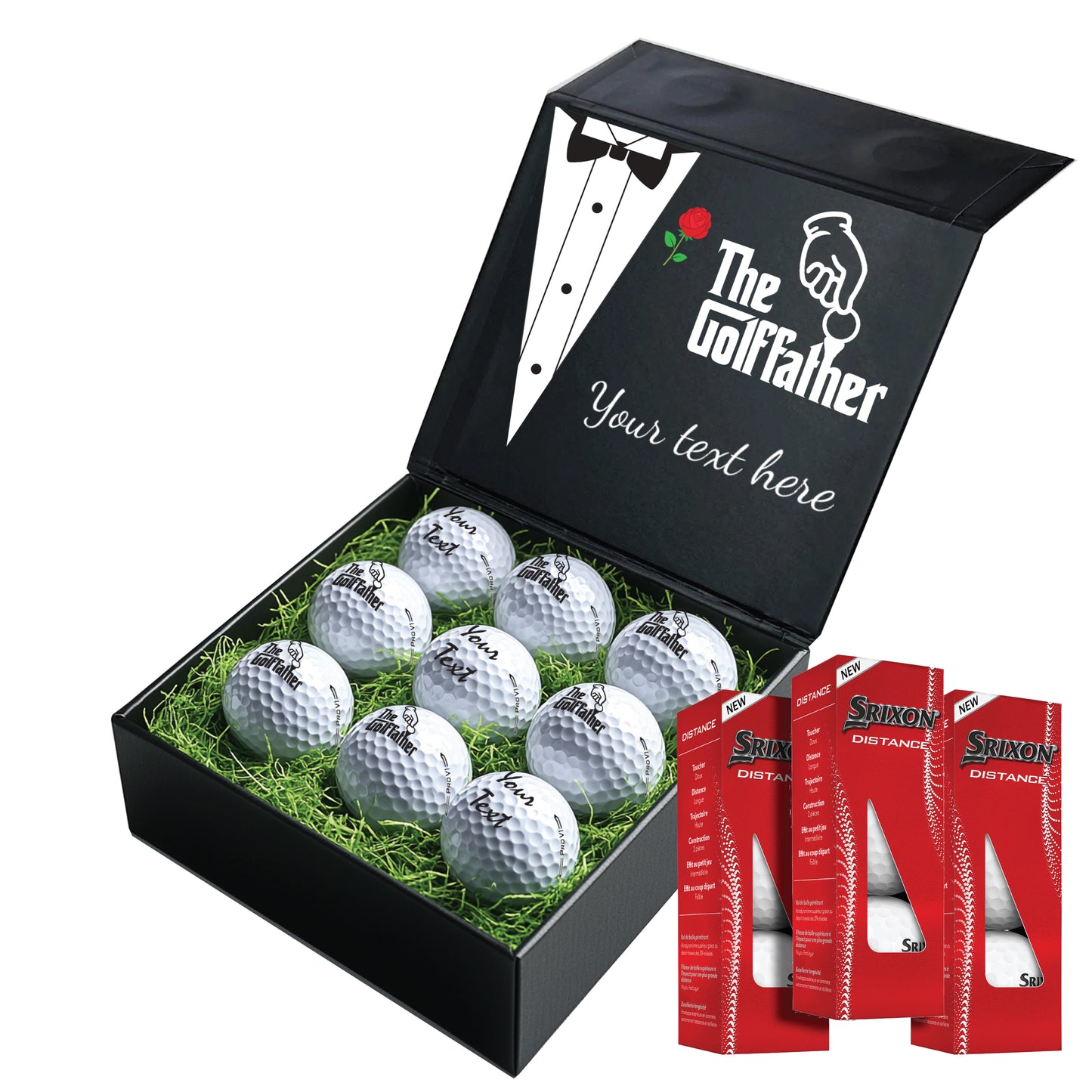 The Godfather Themed: Personalised Branded 9 Golf Ball Set in Customised Box - Golf Father Golfer's Gift, Father's Day, Wedding Favour, Birthday