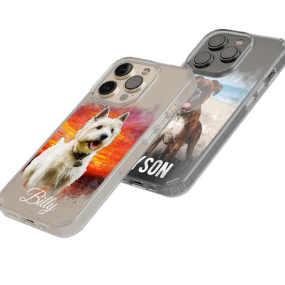 Personalised Pet Portrait Phone Case – Clear Silicone with Custom Brush Art Background | iPhone & Samsung