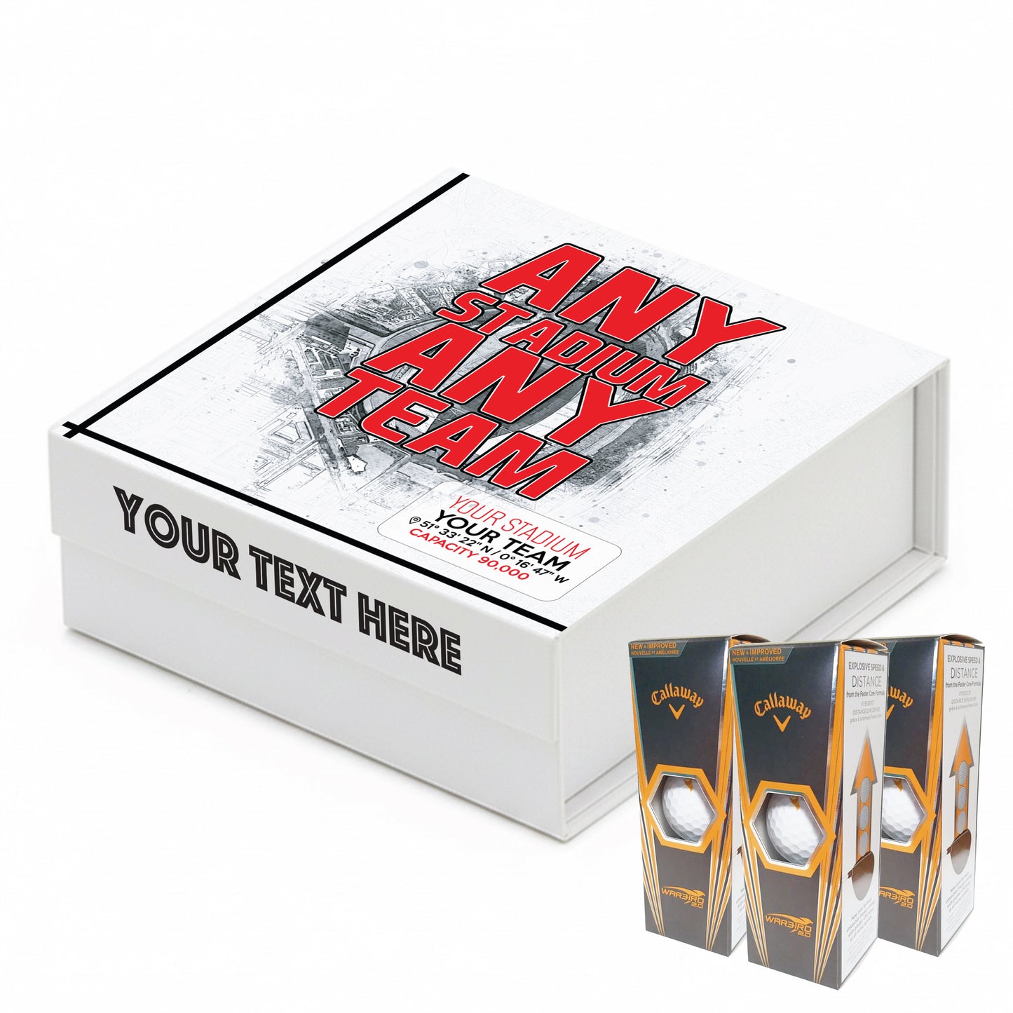 Personalised Branded 9 Golf Ball Set in Football Stadium Customised Box - Soccer Themed Golfer's Gift, Father's Day, Retirement, Birthday