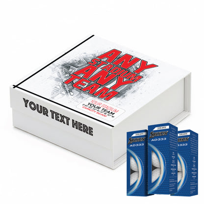 Personalised Branded 9 Golf Ball Set in Football Stadium Customised Box - Soccer Themed Golfer's Gift, Father's Day, Retirement, Birthday