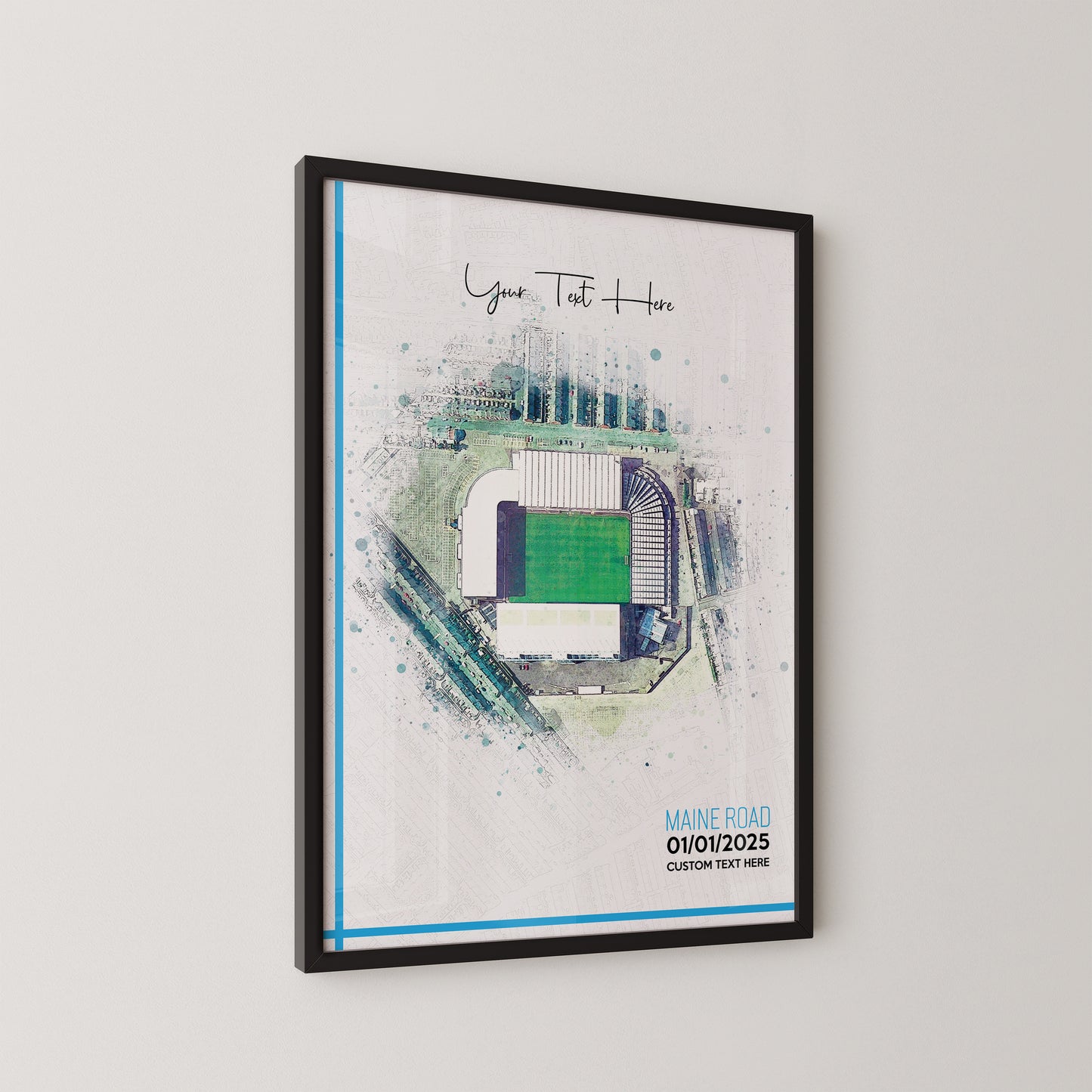 Manchester City 'Maine Road' Football Stadium Poster Artwork, Personalised Watercolour Art Print, Custom Aerial Layout - Framing options available ANY STADIUM Worldwide.