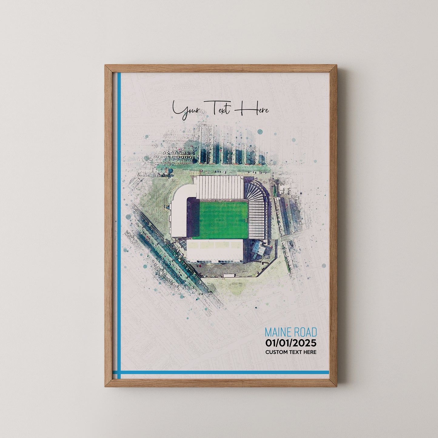 Manchester City 'Maine Road' Football Stadium Poster Artwork, Personalised Watercolour Art Print, Custom Aerial Layout - Framing options available ANY STADIUM Worldwide.