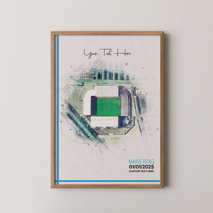 Manchester City 'Maine Road' Football Stadium Poster Artwork, Personalised Watercolour Art Print, Custom Aerial Layout - Framing options available ANY STADIUM Worldwide.