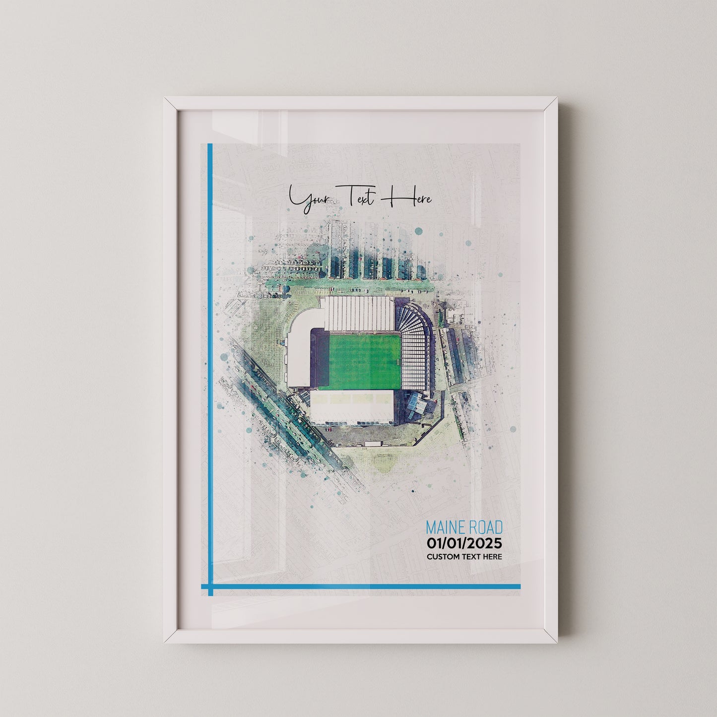 Manchester City 'Maine Road' Football Stadium Poster Artwork, Personalised Watercolour Art Print, Custom Aerial Layout - Framing options available ANY STADIUM Worldwide.