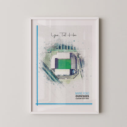 Manchester City 'Maine Road' Football Stadium Poster Artwork, Personalised Watercolour Art Print, Custom Aerial Layout - Framing options available ANY STADIUM Worldwide.