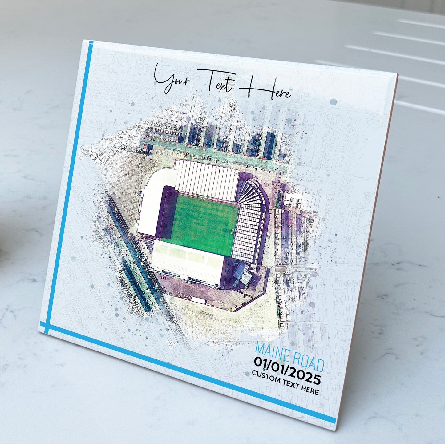 Personalised Football Stadium Aerial Watercolour Style Artwork on Mounted Ceramic Tile
