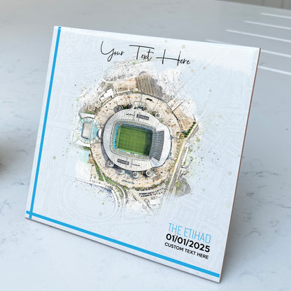 Personalised Football Stadium Aerial Watercolour Style Artwork on Mounted Ceramic Tile