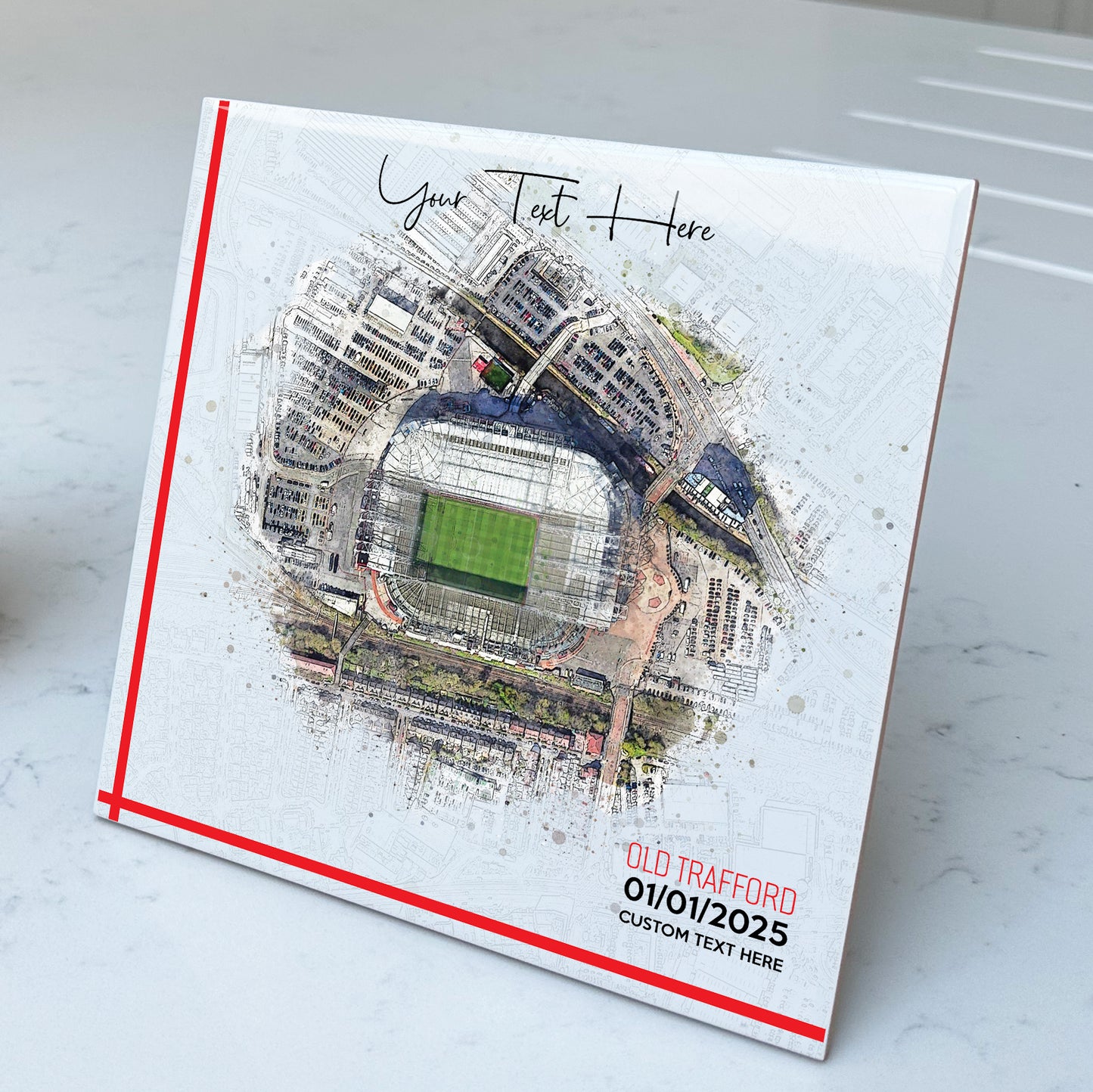 Personalised Football Stadium Aerial Watercolour Style Artwork on Mounted Ceramic Tile
