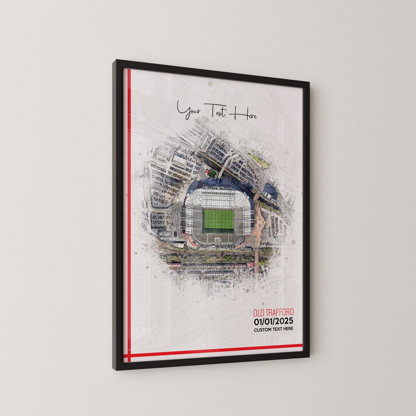 Manchester United, 'Old Trafford' Football Stadium Poster Artwork, Personalised Watercolour Art Print, Custom Aerial Layout - Framing options available ANY STADIUM Worldwide.