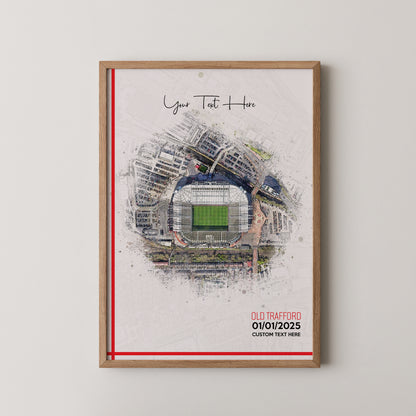 Manchester United, 'Old Trafford' Football Stadium Poster Artwork, Personalised Watercolour Art Print, Custom Aerial Layout - Framing options available ANY STADIUM Worldwide.