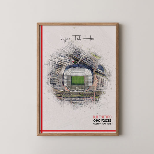 Manchester United, 'Old Trafford' Football Stadium Poster Artwork, Personalised Watercolour Art Print, Custom Aerial Layout - Framing options available ANY STADIUM Worldwide.