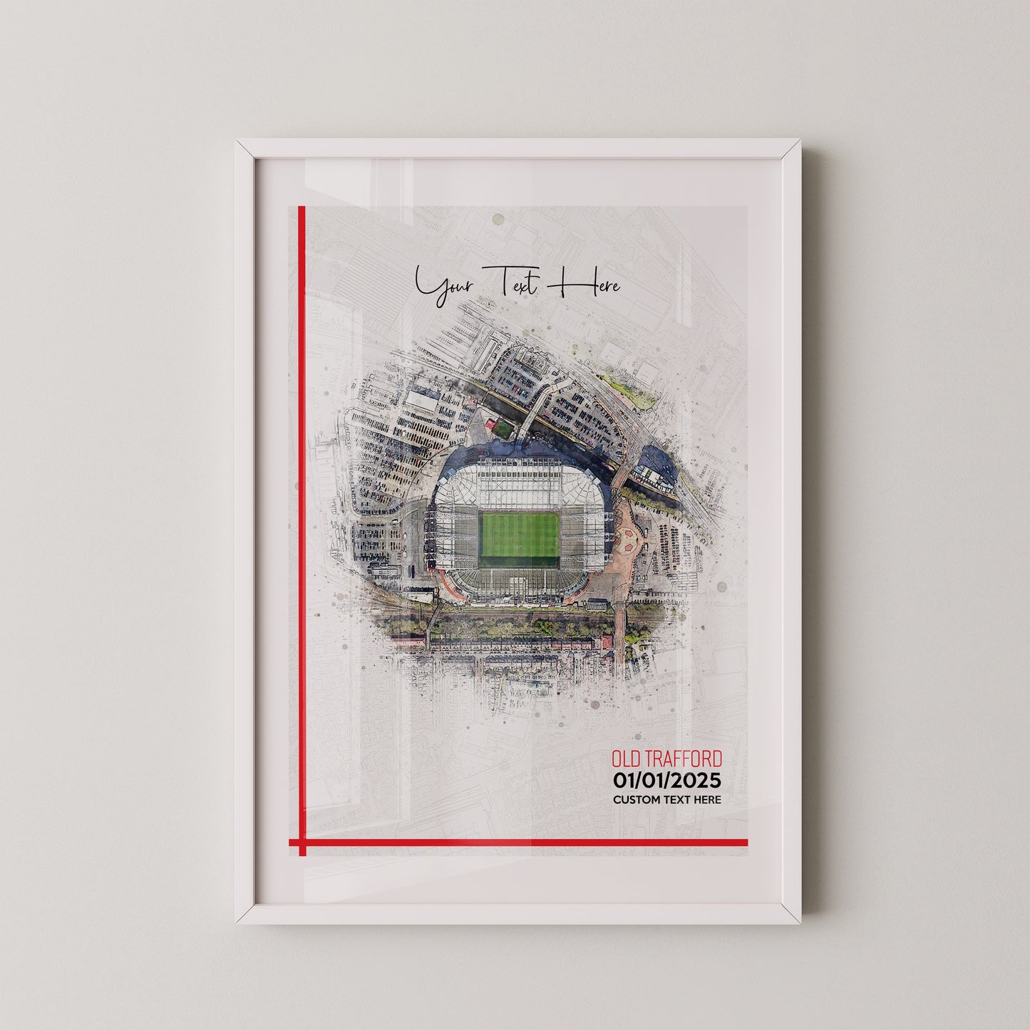 Manchester United, 'Old Trafford' Football Stadium Poster Artwork, Personalised Watercolour Art Print, Custom Aerial Layout - Framing options available ANY STADIUM Worldwide.