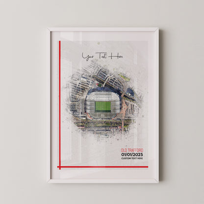 Manchester United, 'Old Trafford' Football Stadium Poster Artwork, Personalised Watercolour Art Print, Custom Aerial Layout - Framing options available ANY STADIUM Worldwide.