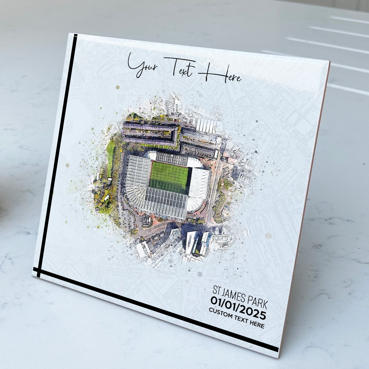 Personalised Football Stadium Aerial Watercolour Style Artwork on Mounted Ceramic Tile