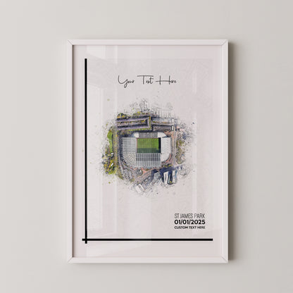 Newcastle United, 'St James' Park' Football Stadium Poster Artwork, Personalised Watercolour Art Print, Custom Aerial Layout - Framing options available ANY STADIUM Worldwide.