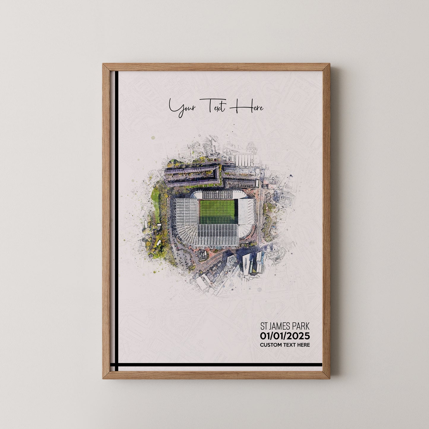 Newcastle United, 'St James' Park' Football Stadium Poster Artwork, Personalised Watercolour Art Print, Custom Aerial Layout - Framing options available ANY STADIUM Worldwide.