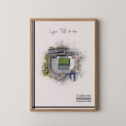 Newcastle United, 'St James' Park' Football Stadium Poster Artwork, Personalised Watercolour Art Print, Custom Aerial Layout - Framing options available ANY STADIUM Worldwide.