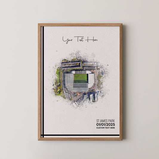 Newcastle United, 'St James' Park' Football Stadium Poster Artwork, Personalised Watercolour Art Print, Custom Aerial Layout - Framing options available ANY STADIUM Worldwide.