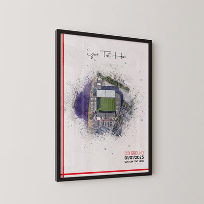 Nottingham Forest, 'The City Ground' Football Stadium Poster Artwork, Personalised Watercolour Art Print, Custom Aerial Layout - Framing options available ANY STADIUM Worldwide. (Copy)