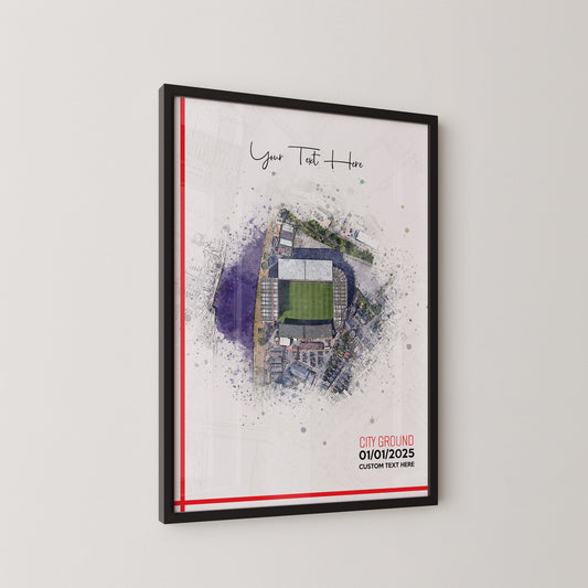 Nottingham Forest, 'The City Ground' Football Stadium Poster Artwork, Personalised Watercolour Art Print, Custom Aerial Layout - Framing options available ANY STADIUM Worldwide. (Copy)
