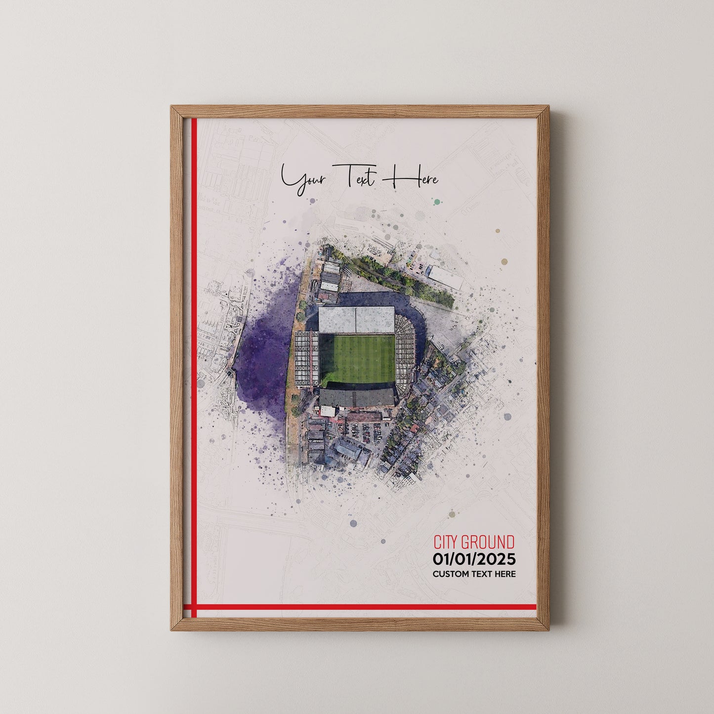 Nottingham Forest, 'The City Ground' Football Stadium Poster Artwork, Personalised Watercolour Art Print, Custom Aerial Layout - Framing options available ANY STADIUM Worldwide. (Copy)
