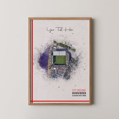 Nottingham Forest, 'The City Ground' Football Stadium Poster Artwork, Personalised Watercolour Art Print, Custom Aerial Layout - Framing options available ANY STADIUM Worldwide. (Copy)