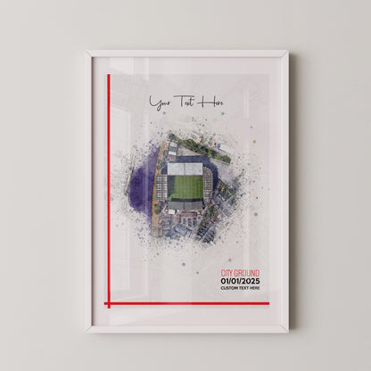 Nottingham Forest, 'The City Ground' Football Stadium Poster Artwork, Personalised Watercolour Art Print, Custom Aerial Layout - Framing options available ANY STADIUM Worldwide. (Copy)