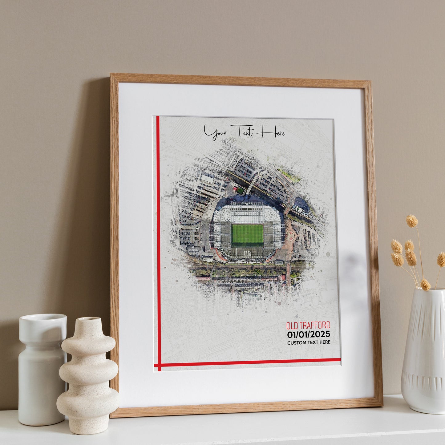 Manchester United, 'Old Trafford' Football Stadium Poster Artwork, Personalised Watercolour Art Print, Custom Aerial Layout - Framing options available ANY STADIUM Worldwide.