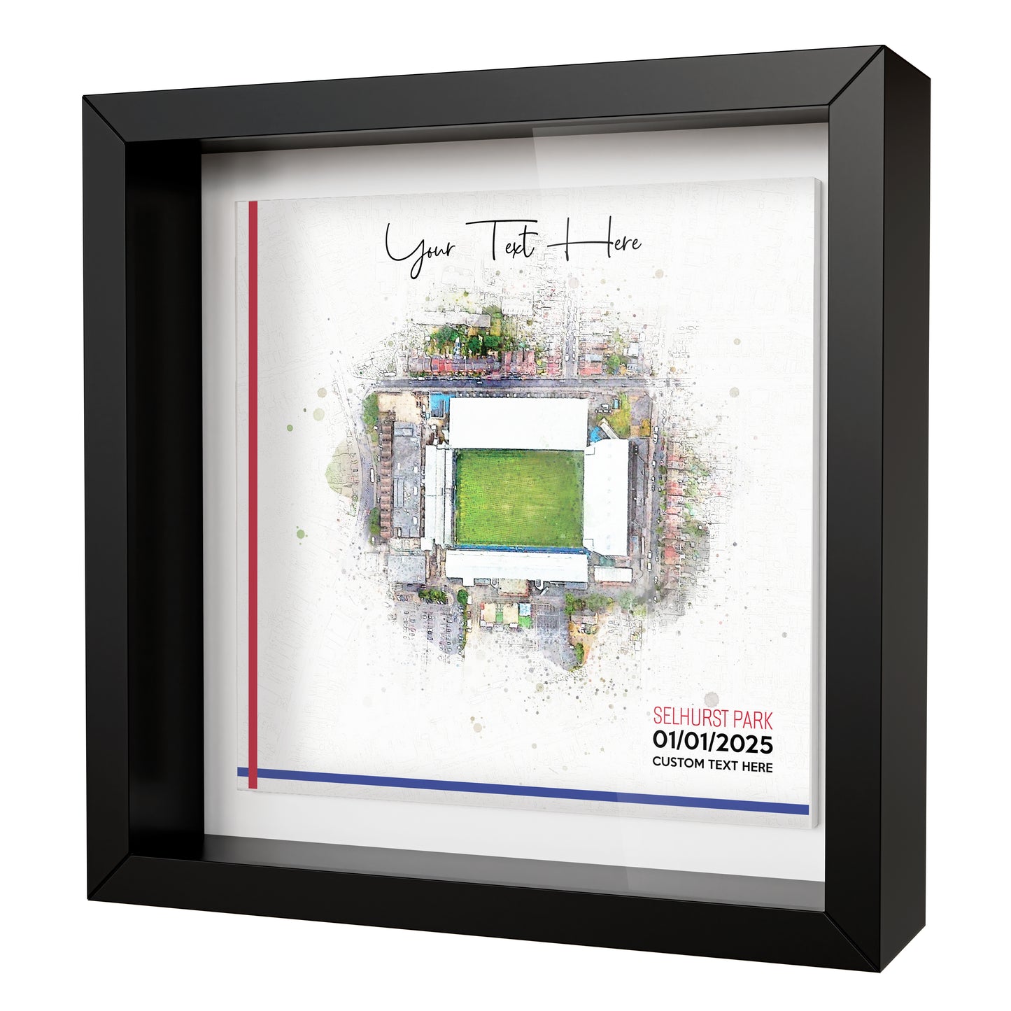 Framed Ceramic Tile Art: Personalised Football Stadium Art Print, Custom Aerial Map - ANY STADIUM Worldwide, Bespoke Text, Football Gift Keepsake