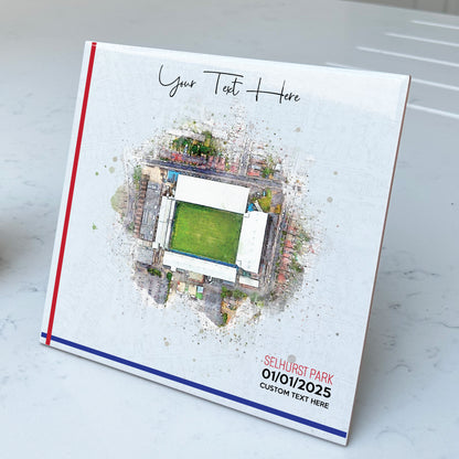 Personalised Football Stadium Aerial Watercolour Style Artwork on Mounted Ceramic Tile