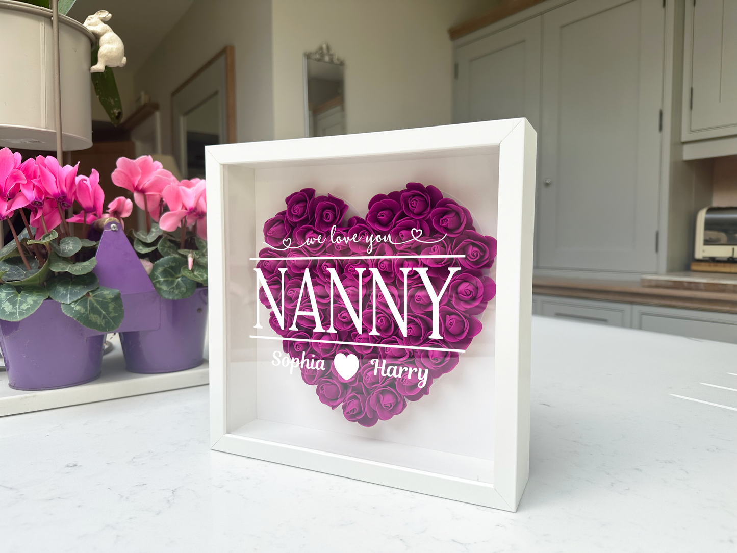 Personalised Framed Flower Floral Heart Grandmother Nanny Grandma Custom Birthday Keepsake Unique Gift Heart Flower Roses Shadow Box Frame