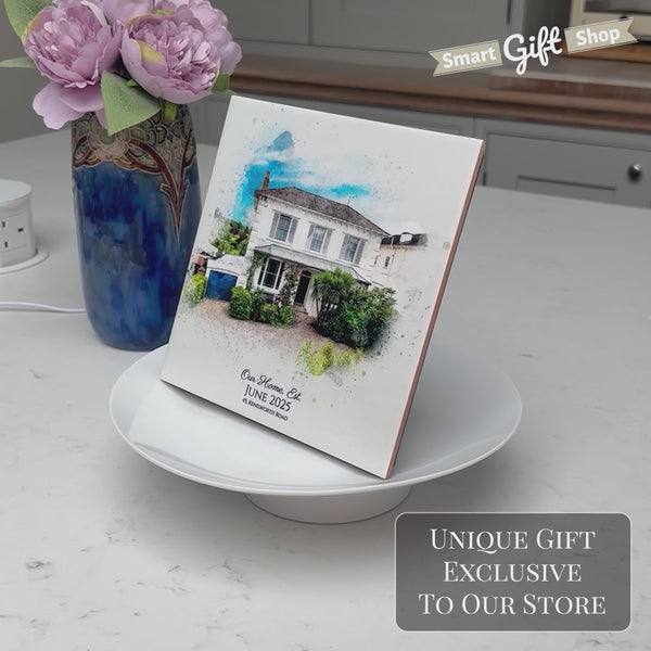 Personalised New Home / House Watercolour Style Artwork on Mounted Ceramic Tile