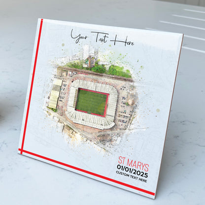 Personalised Football Stadium Aerial Watercolour Style Artwork on Mounted Ceramic Tile