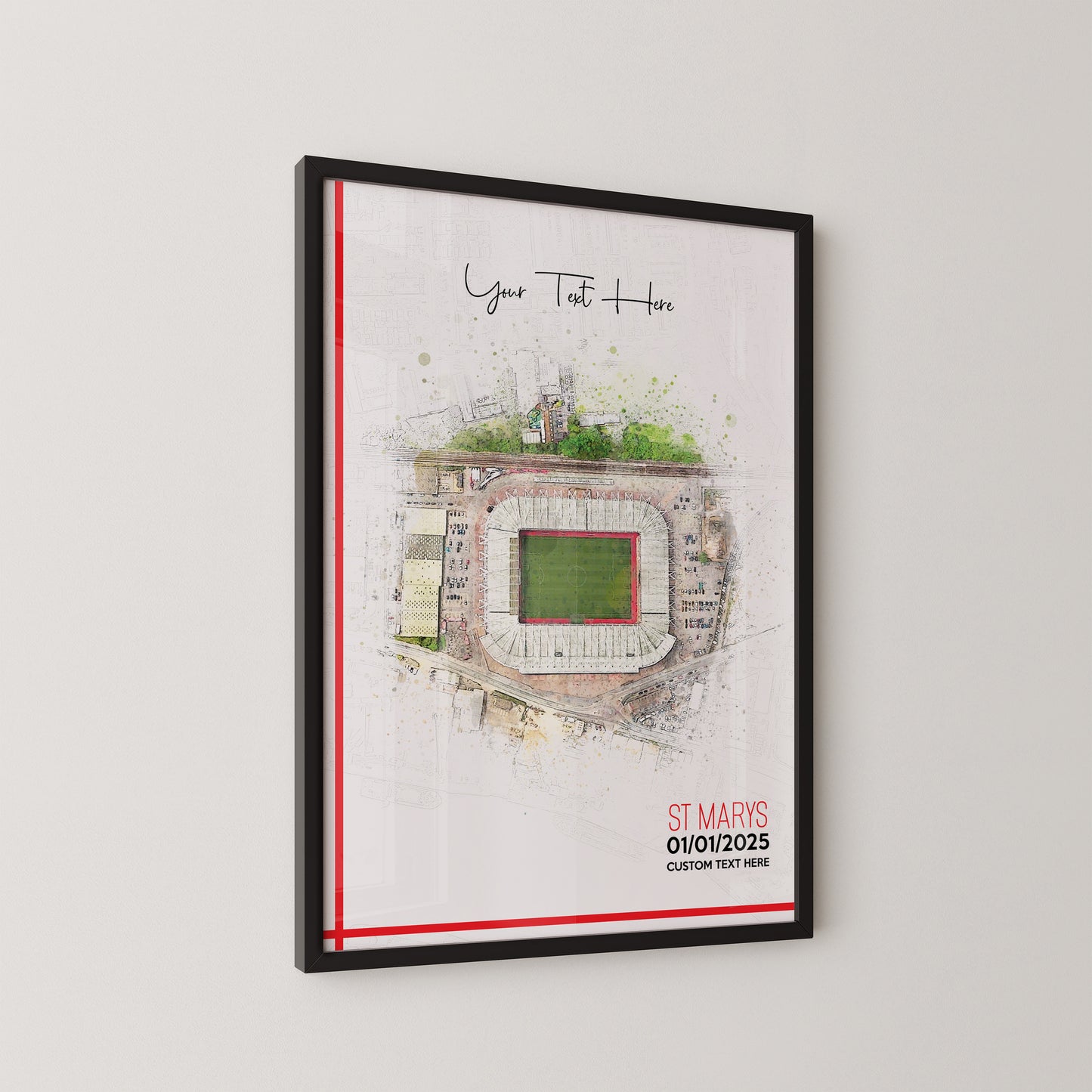 Southampton, 'St Mary's' Football Stadium Poster Artwork, Personalised Watercolour Art Print, Custom Aerial Layout - Framing options available ANY STADIUM Worldwide.