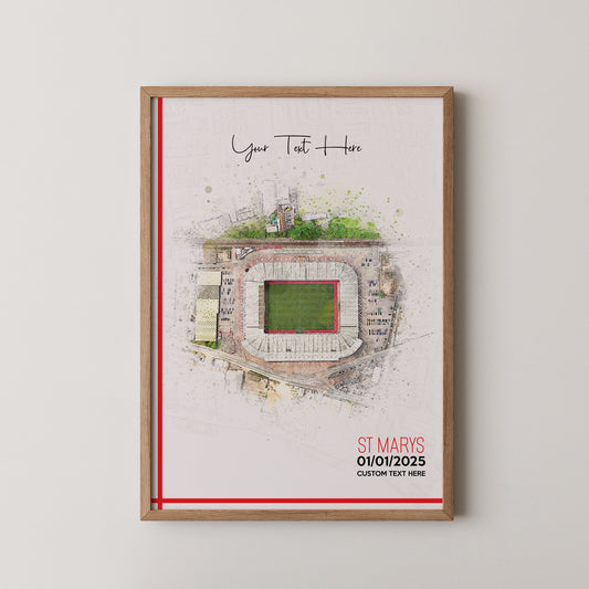 Southampton, 'St Mary's' Football Stadium Poster Artwork, Personalised Watercolour Art Print, Custom Aerial Layout - Framing options available ANY STADIUM Worldwide.
